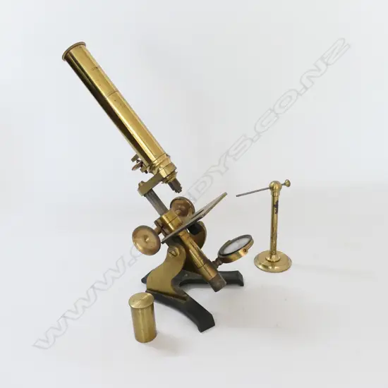 19thC BRASS MONOCULAR MICROSCOPE BY J. H. STEWARD 406 STRAND, LONDON. WITH MAHOG BOX